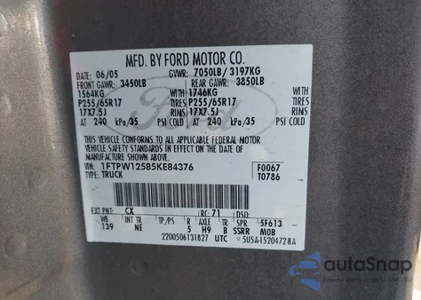 2005 Ford F-150 Lariat/Xlt z USA, uszkodzony, nr VIN 1FTPW12585KE84376